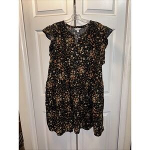 Time &Tru black floral button front knee length dress with pockets women's Sz 22